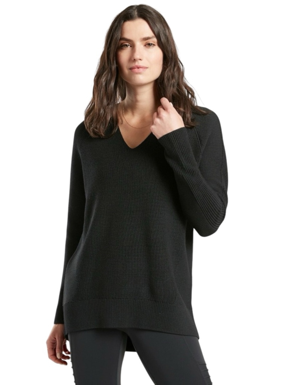 Athleta Black Hanover V-Neck Wool Blend Ribbed Sweater (M)